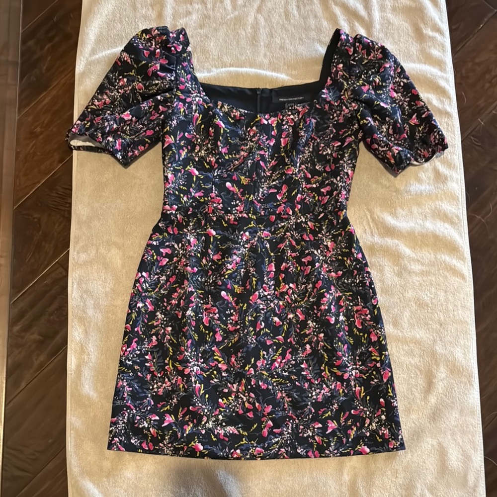 French Connection Pink and Navy Puff Sleeve Mini Dress